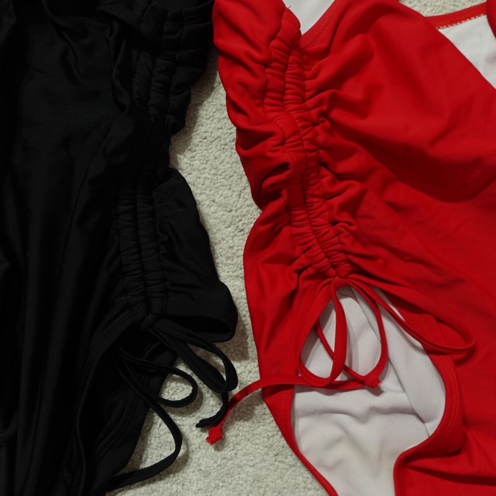 Lot of 2 Womens One Piece Swimsuit Ruched Side Scoop Neck Black Red Size XL - Picture 4 of 5